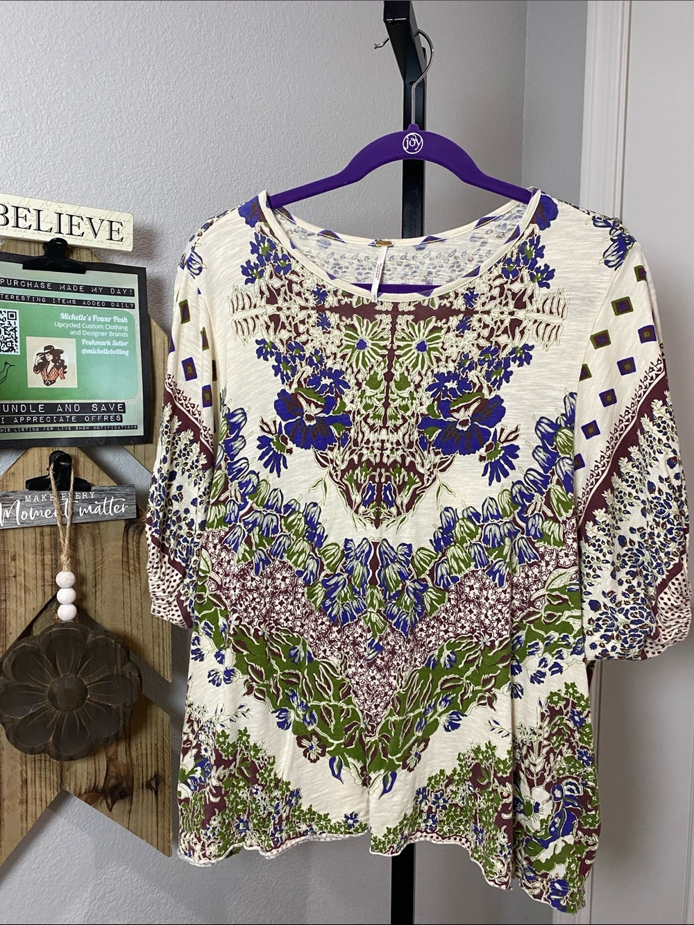 Free People Floral Scoop Neck Knit Top - Cream, Purple, Green oversized 💜🌵
